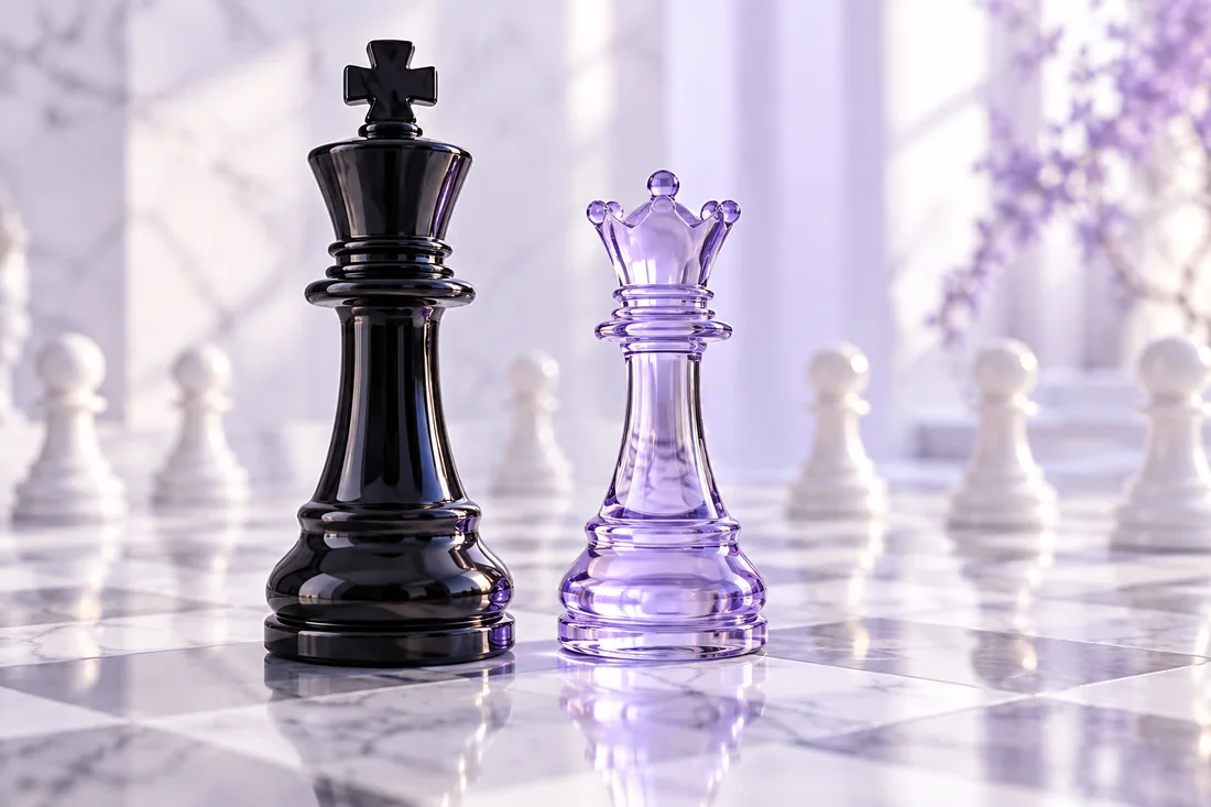 Black king and lavender glass queen on a marble chessboard