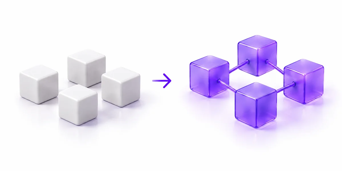 Separate white blocks becoming one connected purple system