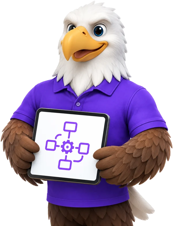 MTI Tech eagle mascot holding an automation workflow tablet