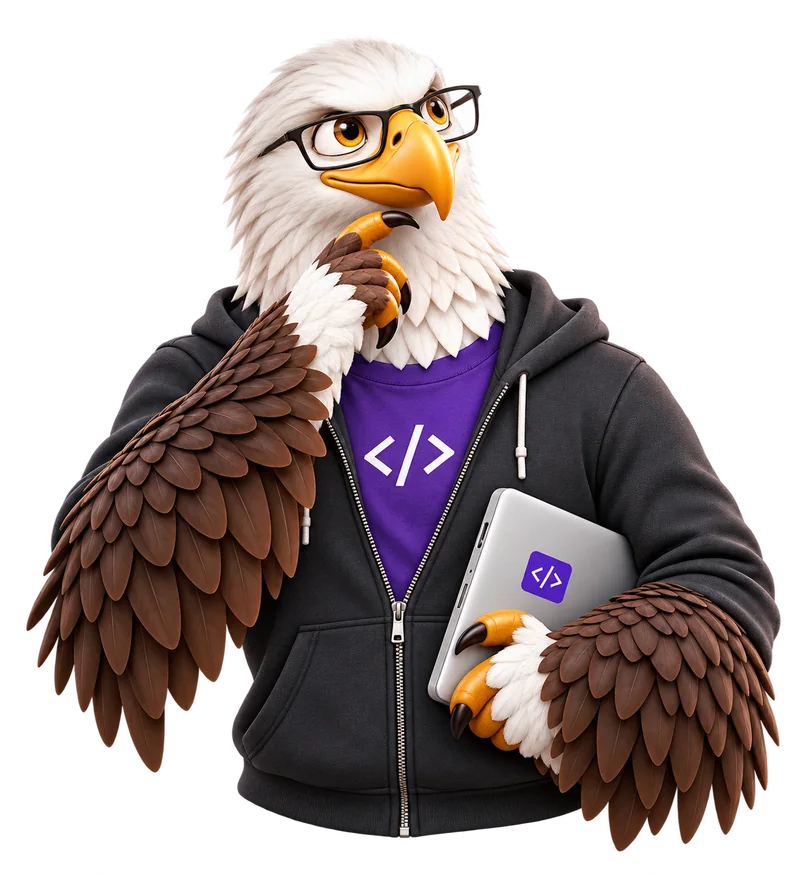 MTI Tech eagle mascot in glasses and a hoodie holding a laptop