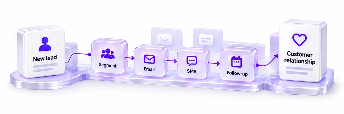 Customer journey from new lead through segmentation, email, SMS and follow-up