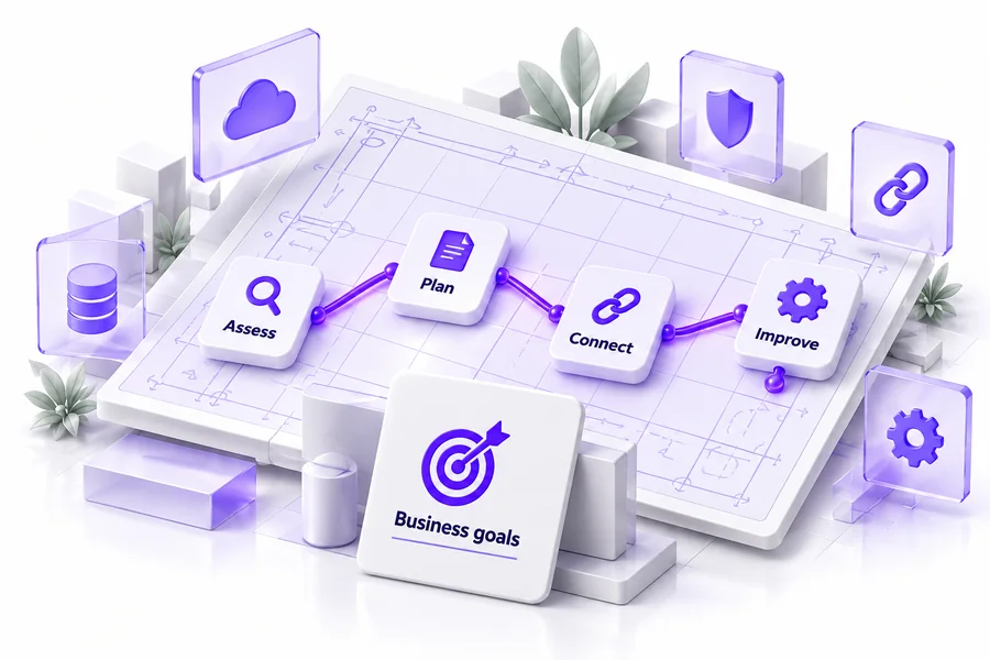 Technology roadmap with assess, plan, connect and improve waypoints