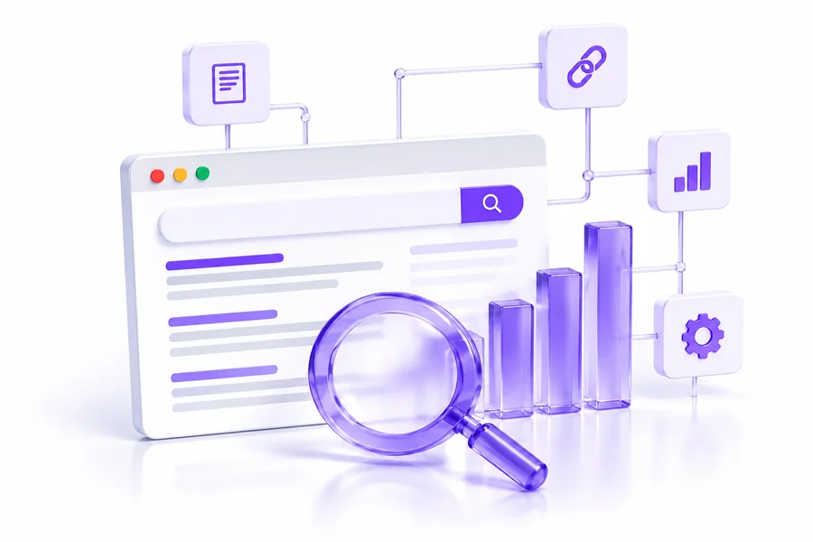 Search panel with magnifying glass and connected website icons