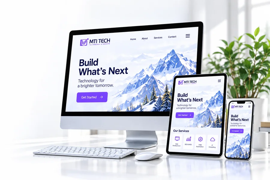 Responsive MTI Tech website on desktop, tablet and phone